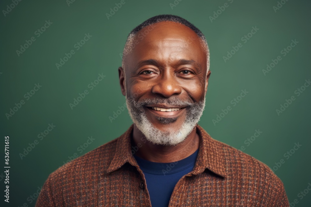 Fototapeta premium Portrait of smiling african american man looking at camera isolated on green background