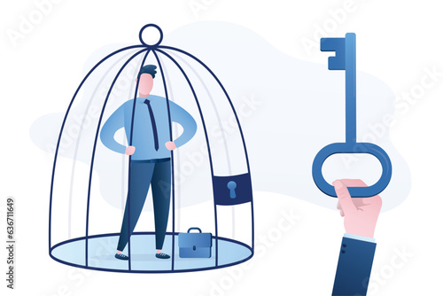 Corporate slavery. Unhappy businessman standing in cage. Burnout, violence and bullying in office. Male employee working overtime, overload. Boss holds key from birdcage