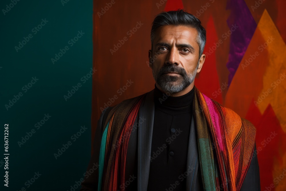 Portrait of a handsome bearded Indian man wearing a colorful scarf. Portrait of a handsome bearded Indian man wearing a colorful scarf.