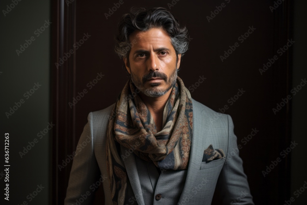 Portrait of a handsome Indian man in a grey suit and scarf.