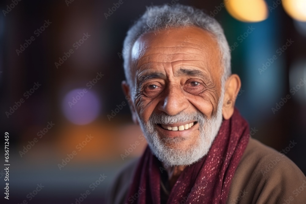 Medium shot portrait of a Saudi Arabian man in his 70s in an abstract background wearing a chic cardigan Medium shot portrait of a Saudi Arabian man in his 70s in an abstract background wearing a chic cardigan