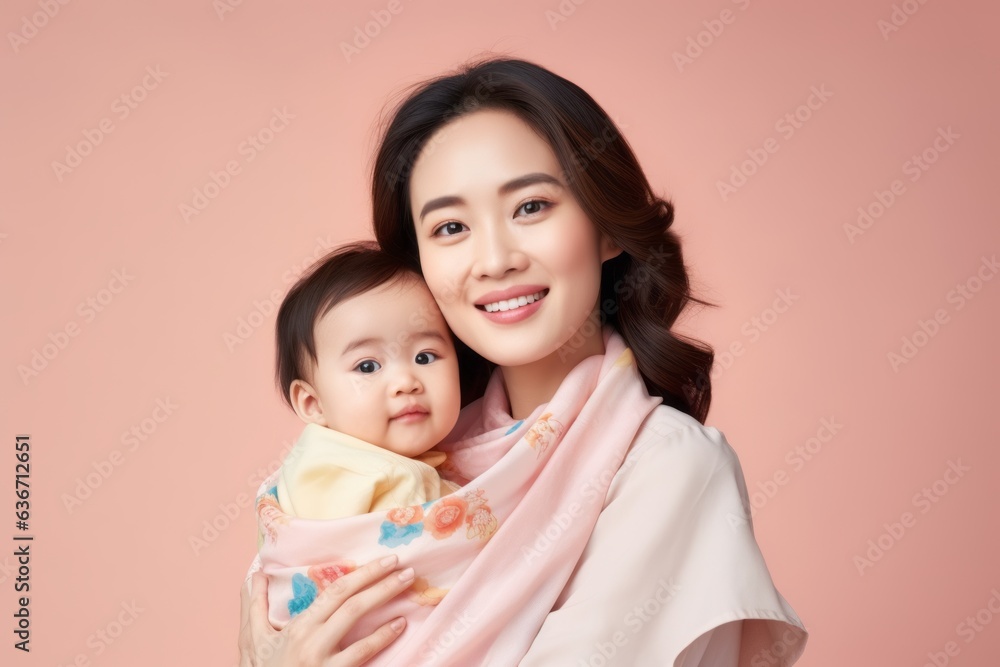 Portrait of happy asian mother with her baby on pink background Portrait of happy asian mother with her baby on pink background