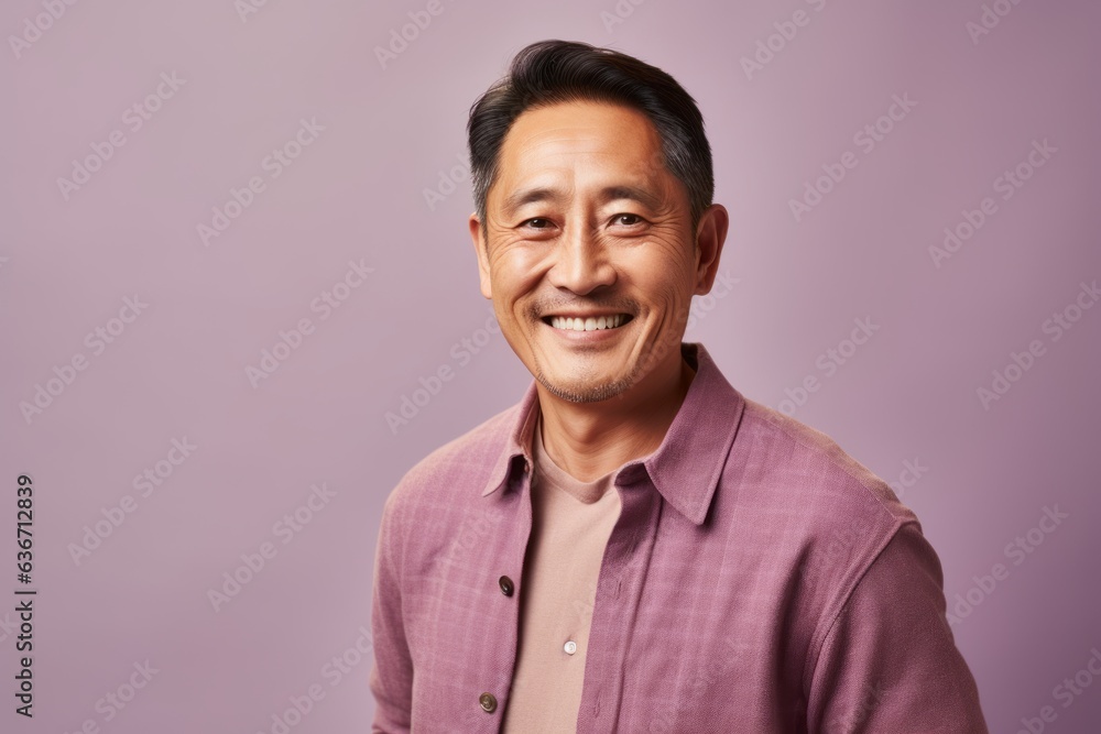 Portrait of a smiling asian man in purple shirt on purple background Portrait of a smiling asian man in purple shirt on purple background