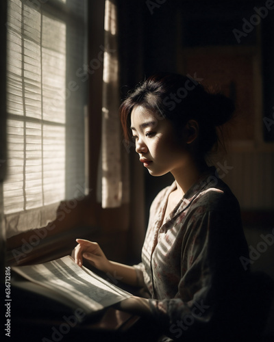 Beautiful Asian girl sitting by the window at home reading, afternoon sunlight Free Download Beautiful Asian girl sitting by the window at home reading, afternoon sunlight - GFXLoad