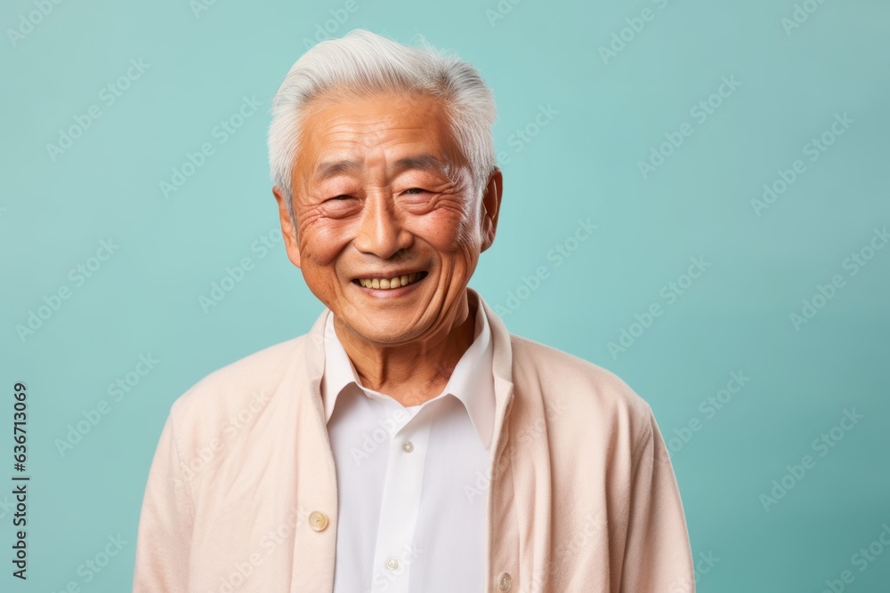 Portrait of happy senior asian man isolated on blue background. Portrait of happy senior asian man isolated on blue background.