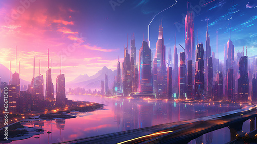 Cityscape set in a futuristic cyberpunk world