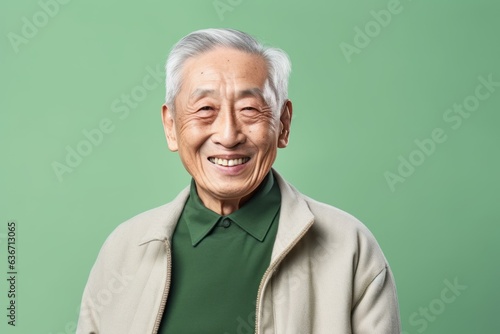 Portrait of a happy senior asian man smiling on green background