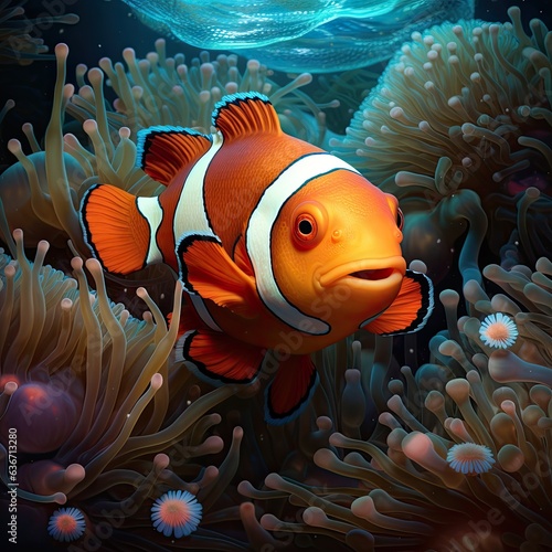 A photorealistic portrait of cute Clownfish in a natural sea setting  surrounded by coral and seaweed