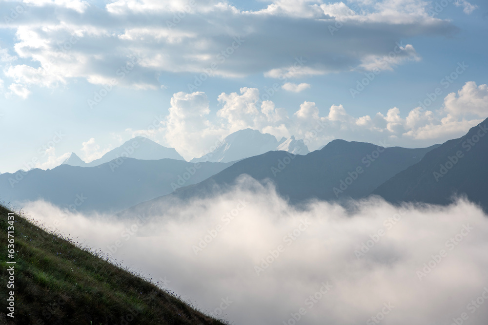 Beautiful morning landscape with fog and mountains