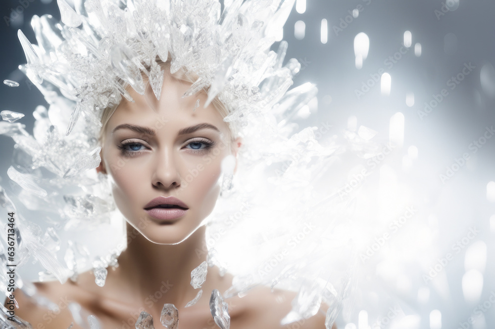 Illustrated portrait of a beautiful, attractive icy snow queen from imagination and dreams. A blonde young woman with an ice crown, white soft snow in the background