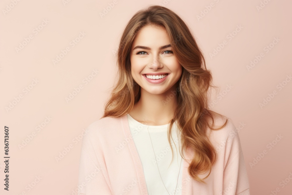 Portrait of a happy young woman smiling at camera over pink background Portrait of a happy young woman smiling at camera over pink background