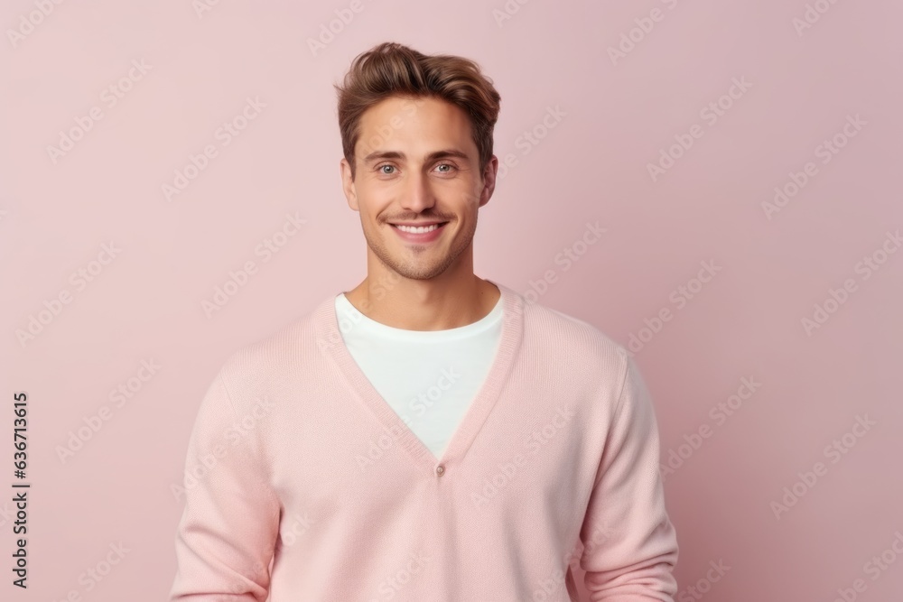 Portrait of handsome young man looking at camera and smiling while standing against pink background Portrait of handsome young man looking at camera and smiling while standing against pink background