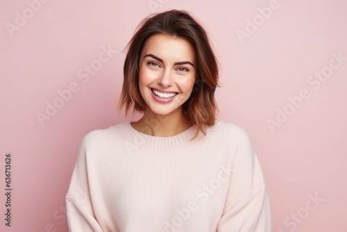Portrait of a beautiful young woman smiling at camera isolated over pink background © Anne-Marie Albrecht