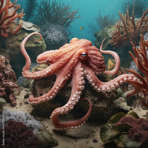 A photorealistic portrait of Octopuses in a natural sea setting, surrounded by coral and seaweed