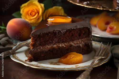 sachertorte, austrian chocolate cake with apricot filling photo