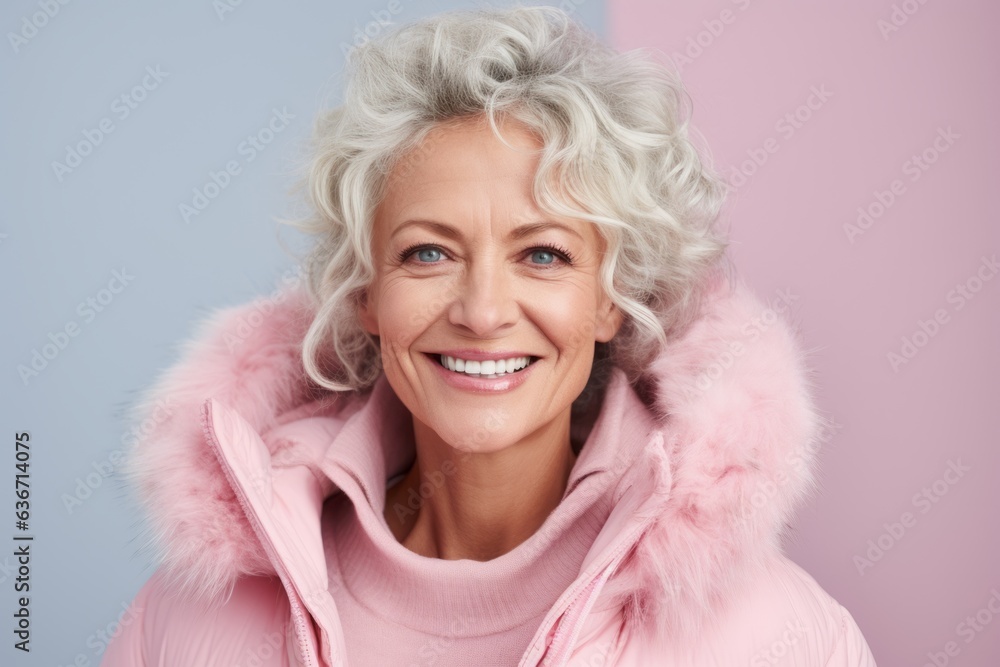 Portrait of beautiful senior woman in pink hoodie smiling at camera Portrait of beautiful senior woman in pink hoodie smiling at camera
