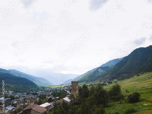 Aerial view of Mestia town in Svaneti region of Georgia  located in the Caucasus Mountains. The townlet is dominated by stone defensive towers of a type seen in Ushguli village and Mestia