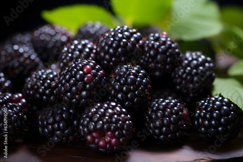 Photo of a tempting pile of ripe blackberries on a rustic wooden table