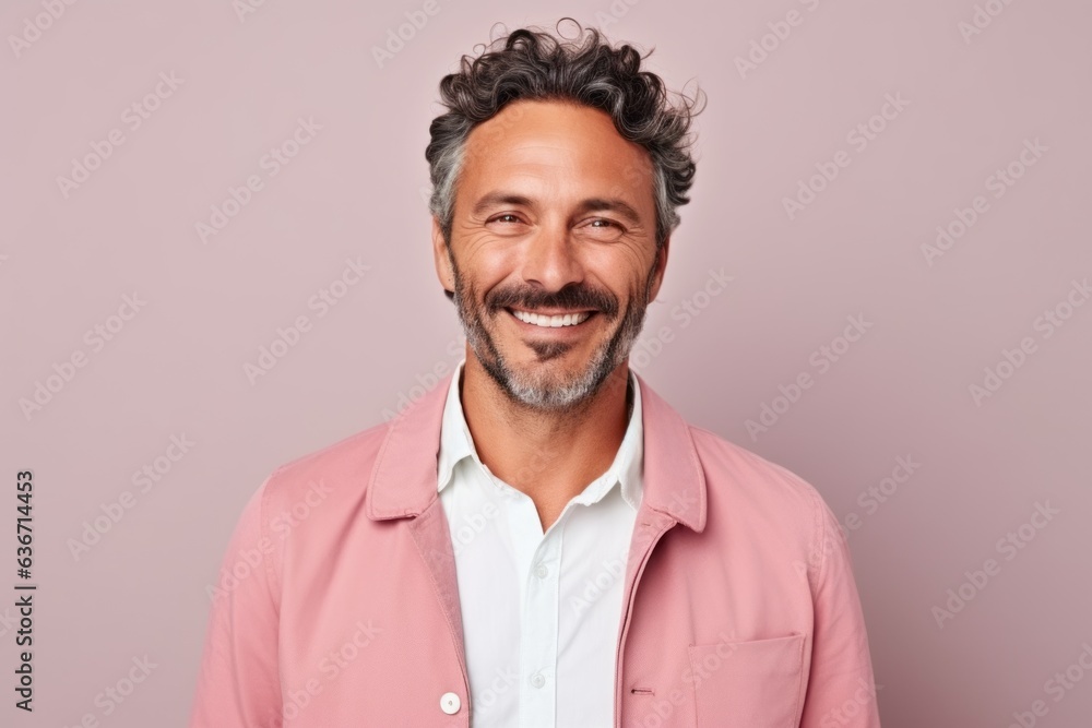 Medium shot portrait of a Brazilian man in his 40s in a pastel or soft colors background wearing a chic cardigan
