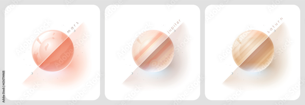 Fototapeta premium Glass modern mars, jupiter and saturn planets for web design and posters with diagonal line and title on white background, series of sets of 3 objects.