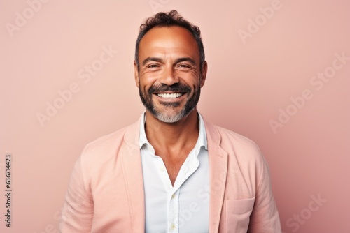 Medium shot portrait of a Brazilian man in his 40s in a pastel or soft colors background wearing a chic cardigan