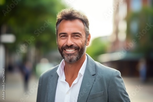 Medium shot portrait of a Brazilian man in his 40s in a pastel or soft colors background wearing a chic cardigan