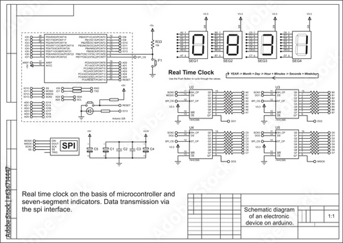Vector schematic diagram of an electronic device on arduino.
Data transmission via the spi interface.
Real time clock on the basis of microcontroller and
seven-segment indicators. Array of capacitors