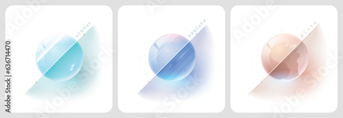 Glass modern uranus, neptune and pluto planets for web design and posters with diagonal line and title on white background, series of sets of 3 objects.