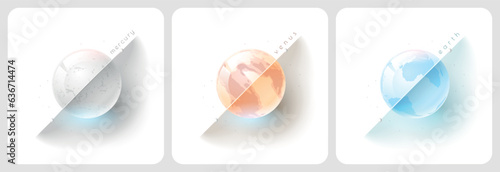 Glass modern mercury, venus and earth planets for web design and posters with diagonal line and title on white background, series of sets of 3 objects.