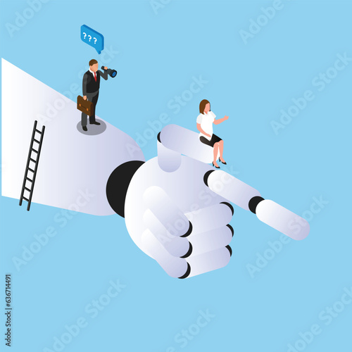 Successful businessman with spyglass standing in a hand of giant robot with artificial intelligence isometric 3d vector concept for banner, website, illustration, landing page, etc