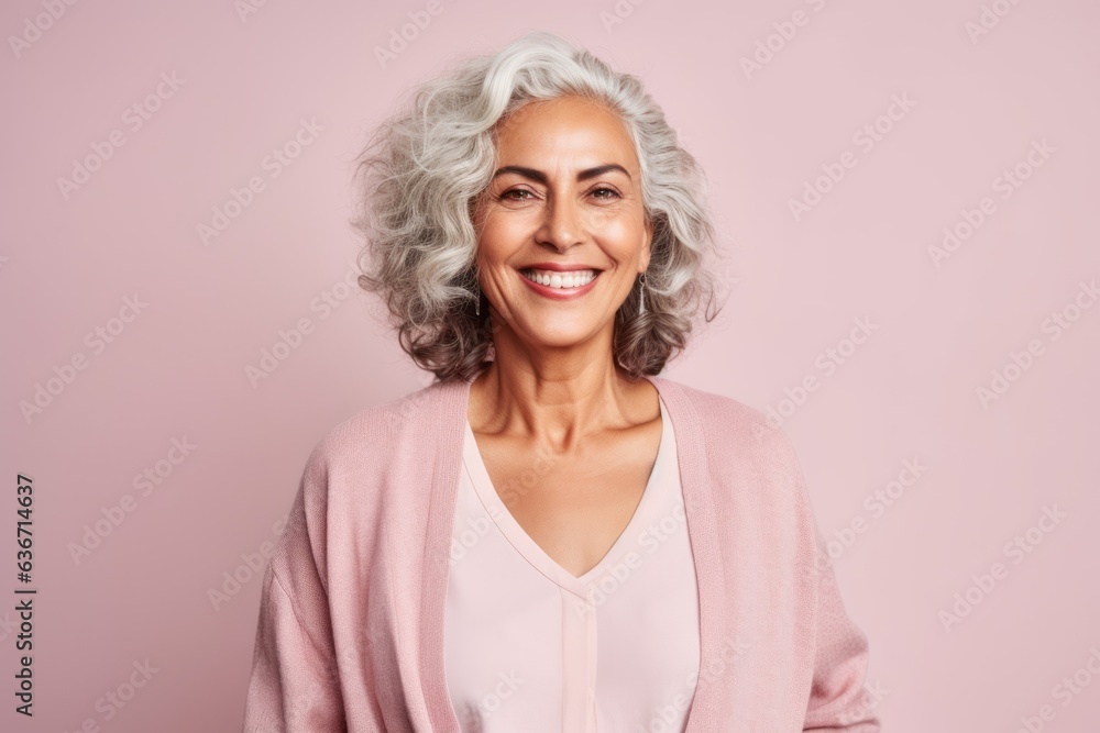 Portrait of a beautiful senior woman smiling at the camera while standing against pink background Portrait of a beautiful senior woman smiling at the camera while standing against pink background