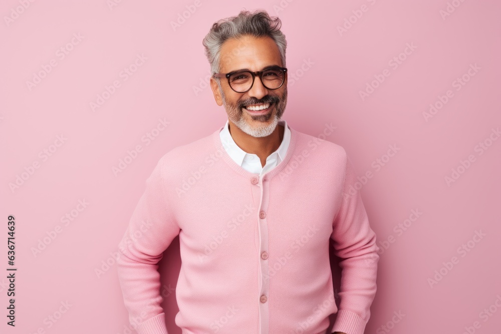 Portrait of handsome mature man in glasses looking at camera and smiling while standing against pink background Portrait of handsome mature man in glasses looking at camera and smiling while standing against pink background
