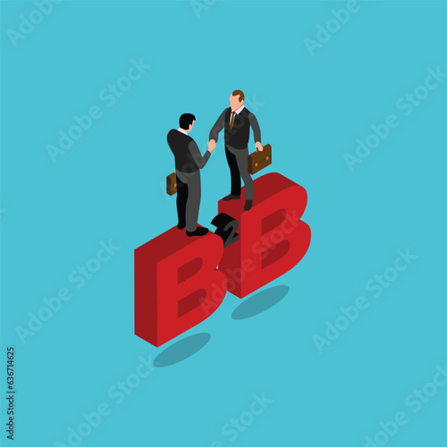 Confidence businessmen partner handshake to agree business deal on alphabet B2B isometric 3d vector concept for banner, website, illustration, landing page, etc