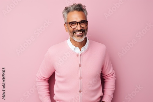 Portrait of handsome mature man in glasses looking at camera and smiling while standing against pink background © Anne-Marie Albrecht