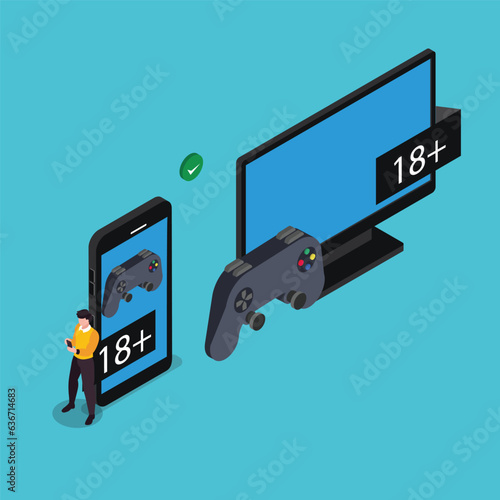 Parental control for gaming. Age restriction isometric 3d vector concept for banner, website, illustration, landing page, etc