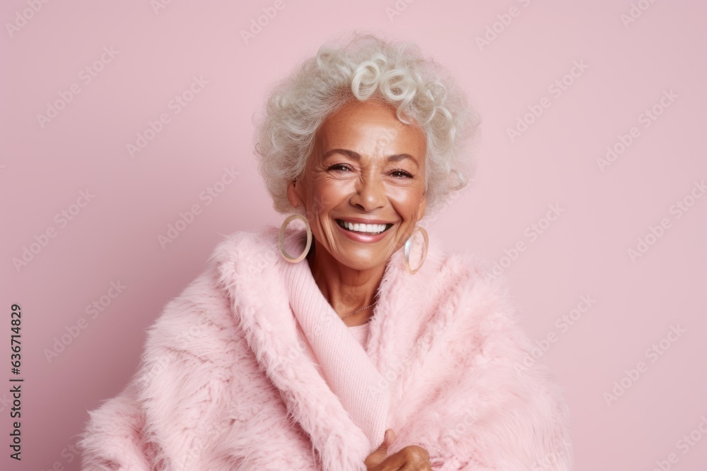 Portrait of smiling senior woman in fur coat on pink background. Portrait of smiling senior woman in fur coat on pink background.