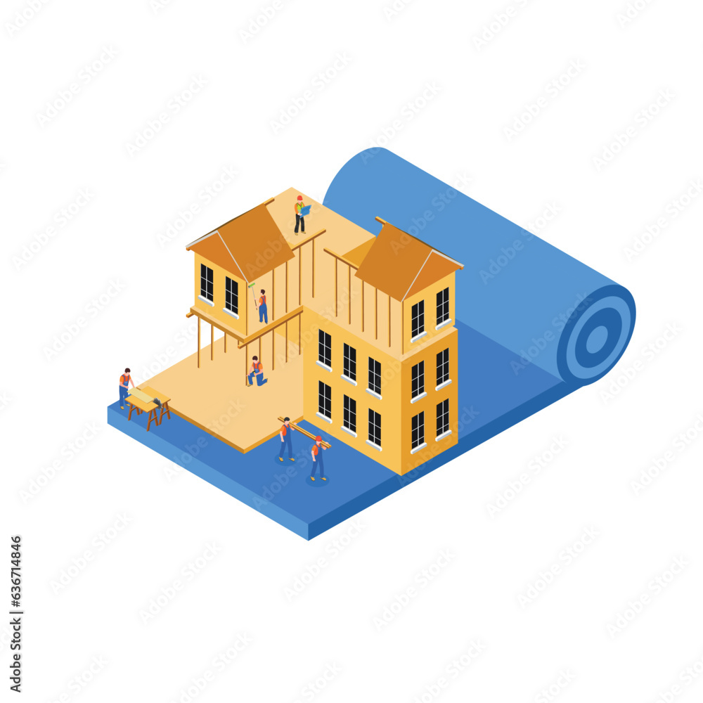 Fototapeta premium Builders constructing residential house isometric 3d vector concept for banner, website, illustration, landing page, etc
