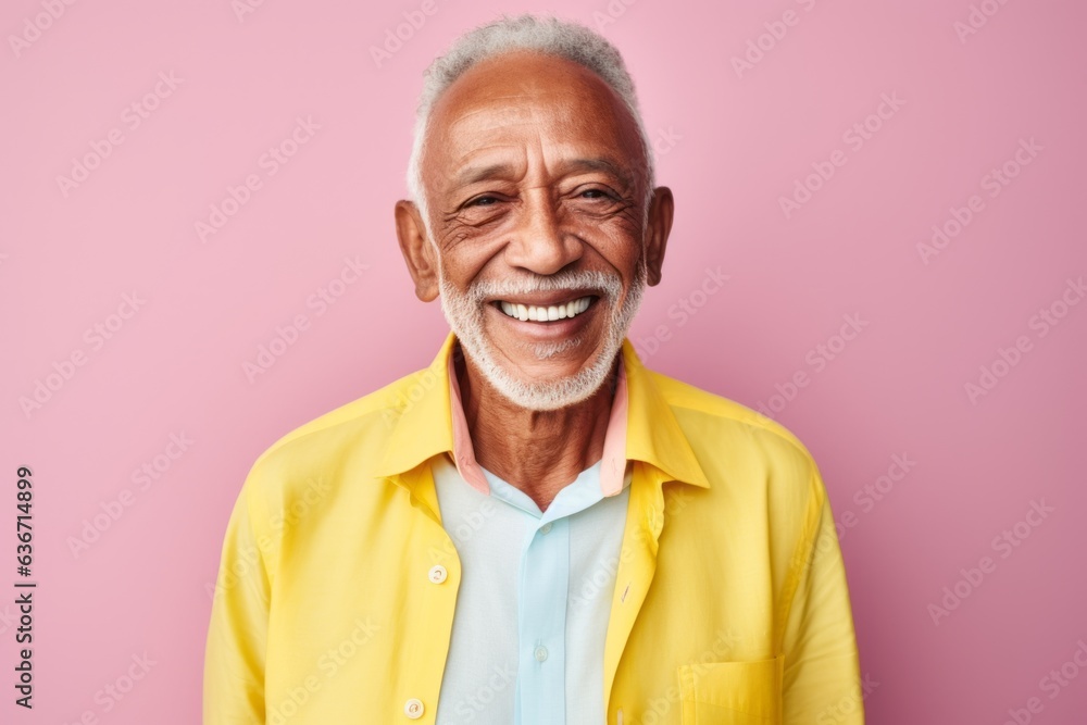 Portrait of smiling senior man in yellow shirt standing against pink background Portrait of smiling senior man in yellow shirt standing against pink background