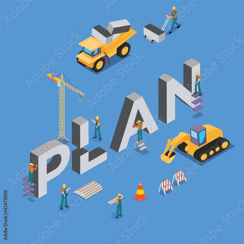 Builder with construction crane build PLAN word isometric 3d vector concept for banner, website, illustration, landing page, etc