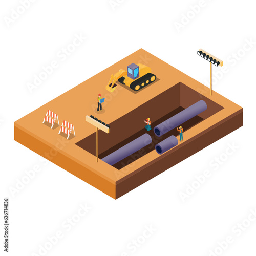 Utility Services Repairing Pipeline Of Sewerage isometric 3d vector concept for banner, website, illustration, landing page, etc