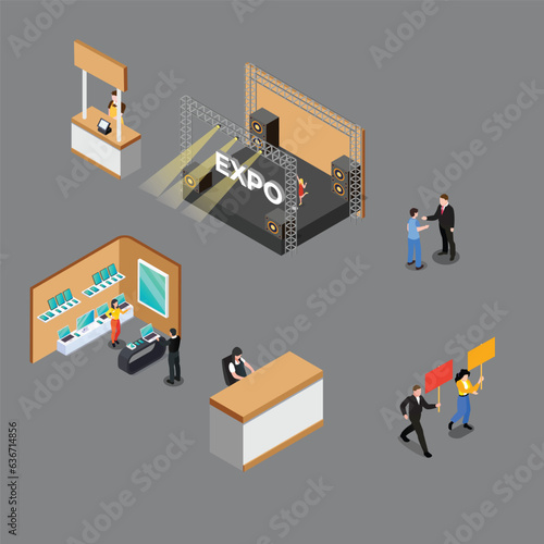 Expo stand exhibition isometric 3d vector concept for banner, website, illustration, landing page, etc