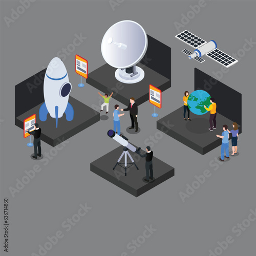 Modern museum astronomical exhibition hall isometric 3d vector concept for banner, website, illustration, landing page, etc