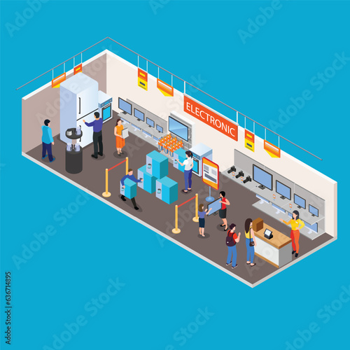 People visitor and shop assistant at consumer electronics store isometric 3d vector concept for banner, website, illustration, landing page, flyer, etc