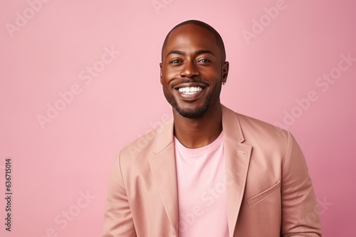 Medium shot portrait of a Nigerian man in his 30s in a pastel or soft colors background wearing a chic cardigan