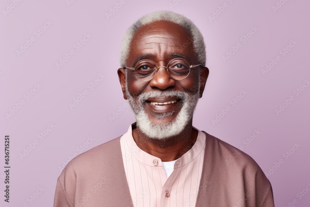 Portrait of smiling senior African-American man in glasses looking at camera, standing against purple background Portrait of smiling senior African-American man in glasses looking at camera, standing against purple background