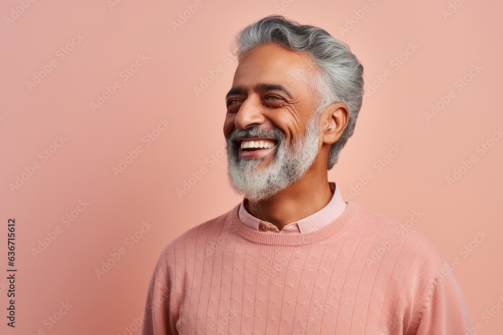 Portrait of happy Indian man looking at camera and laughing while standing against pink background Portrait of happy Indian man looking at camera and laughing while standing against pink background