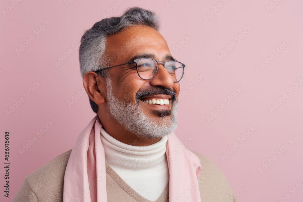Portrait of a smiling Indian man with eyeglasses against pink background Portrait of a smiling Indian man with eyeglasses against pink background