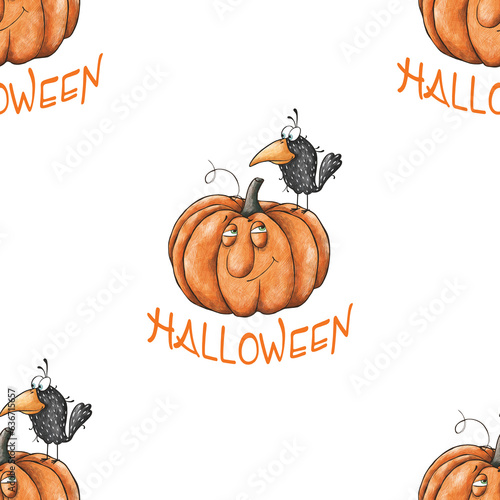 funny halloween seampless with pumpkin and crow photo