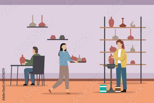 Pottery hobby. Handcrafted earthenware, people decorating pots and handicraft pottery workshop 2d vector illustration concept for banner, website, landing page, flyer, etc