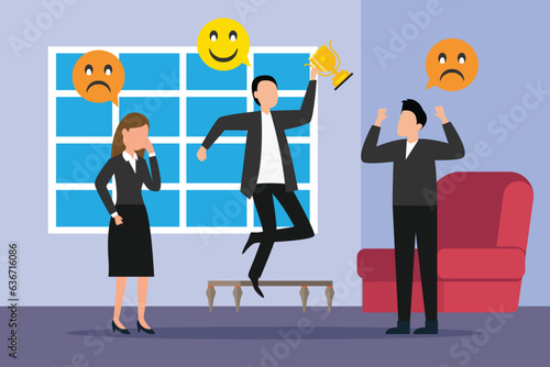 Happy winner jumping with trophy and sad business rival 2d vector illustration concept for banner, website, landing page, flyer, etc